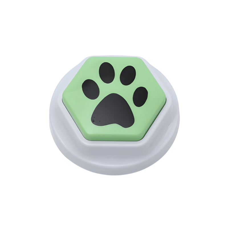 Hexagonal button with a green background and black paw print on a white background