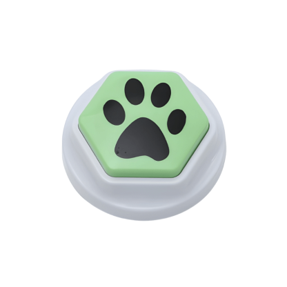 Hexagonal button with a green background and black paw print on a white background