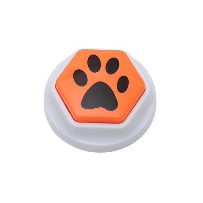Hexagonal button with orange top and white bottom featuring a black paw print design on a white background.
