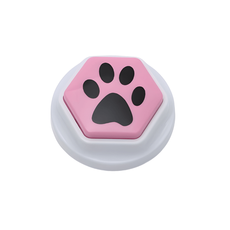 Hexagonal button with pink background and black paw print on a white background