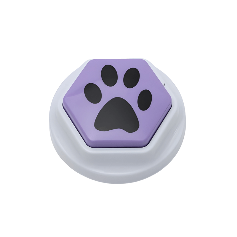 Hexagonal button with a purple paw print on a white background