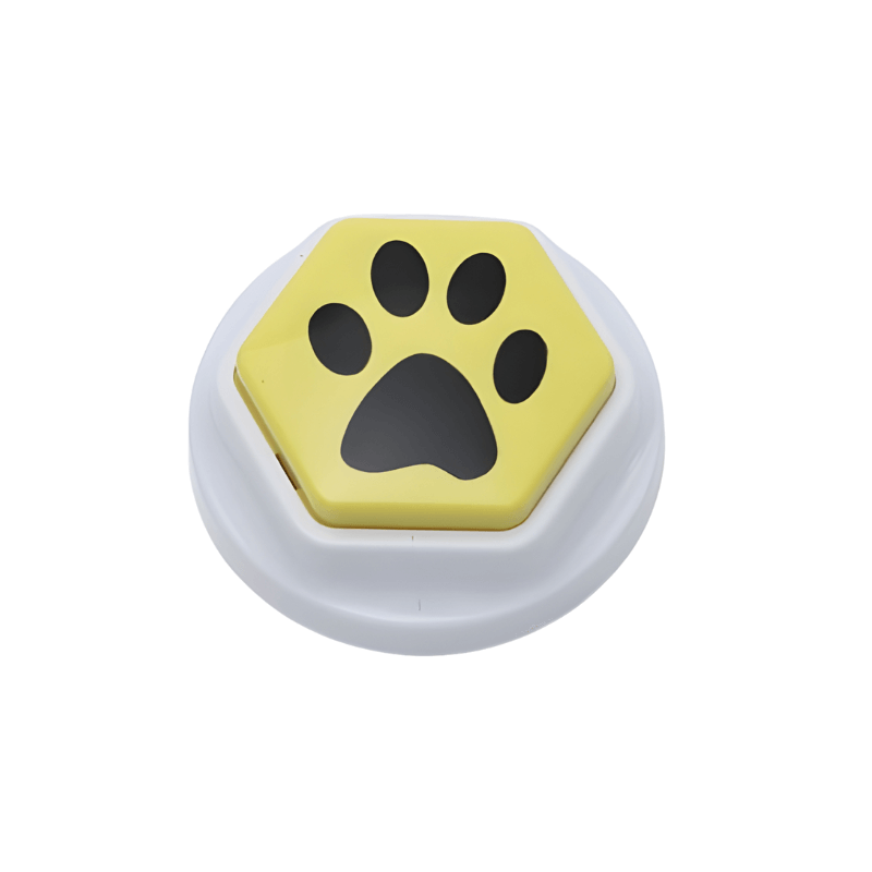 Hexagonal button with a black paw print on a yellow background