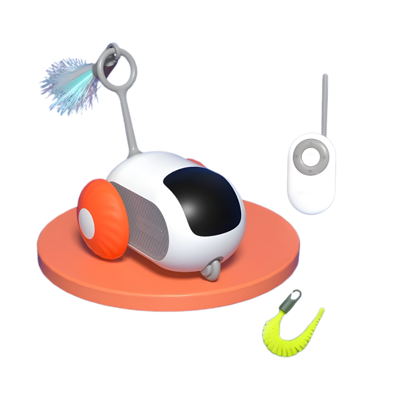 Pet toy set with a small vehicle, brush, and leashes on a white background