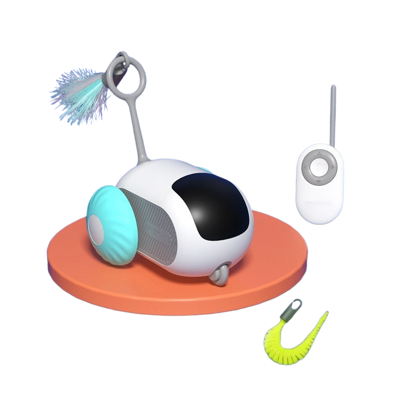 Toy robot with attachments on an orange base against a white background