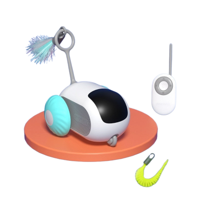 Toy robot with attachments on an orange base against a white background