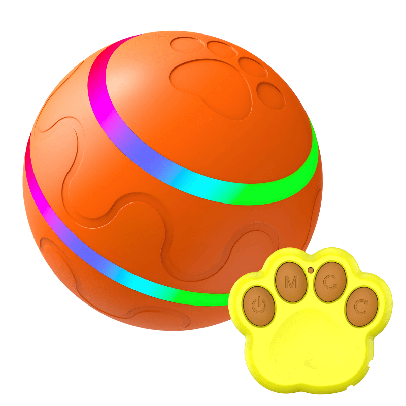 Orange ball with colorful bands and a yellow paw-shaped remote control on a white background