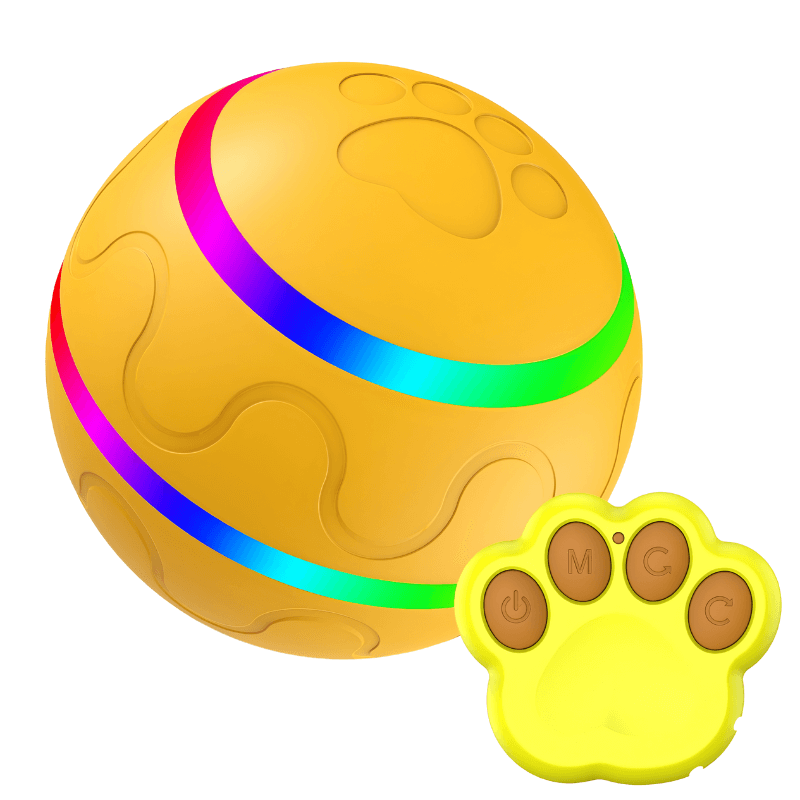 Yellow ball with colorful bands and a remote control shaped like a paw on a white background
