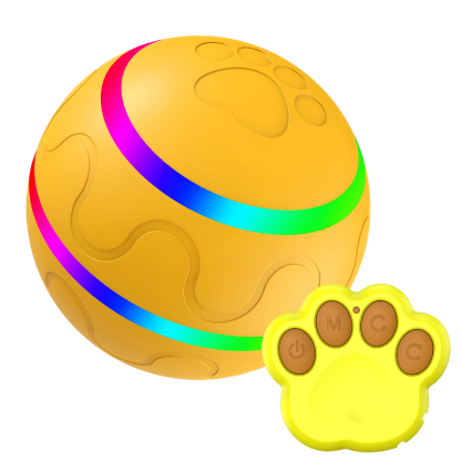Yellow ball with colorful bands and a remote control shaped like a paw on a white background