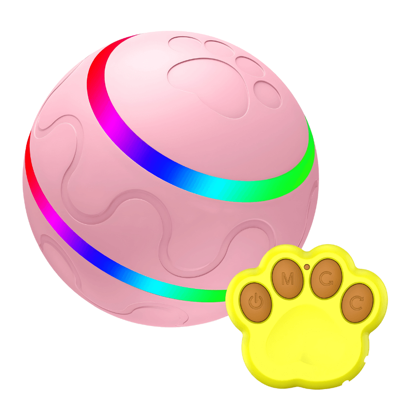 Pink ball with colorful light strip and yellow paw-shaped controller on a white background