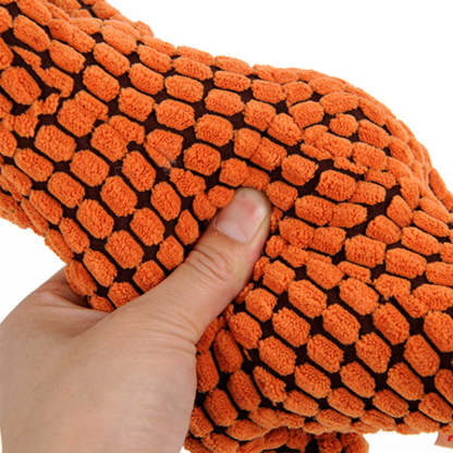 Orange textured dog toy held by a hand on a white background