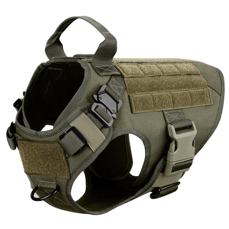 Olive green tactical dog harness on a white background