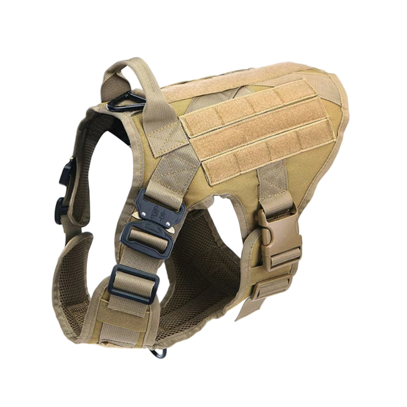 Tan tactical dog harness on a white background