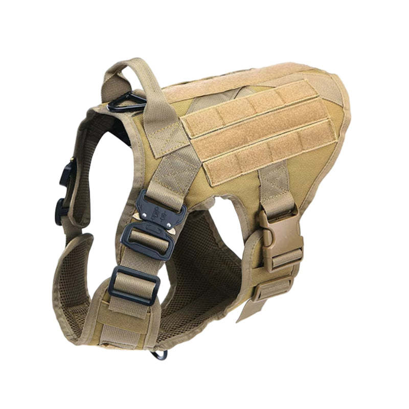 Tan tactical dog harness on a white background