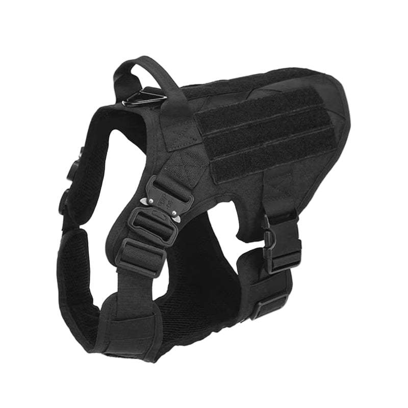 Black tactical dog harness on a white background