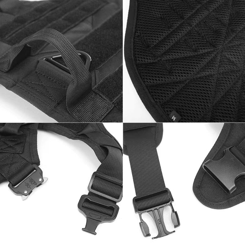 Collage of a black tactical bag with straps and mesh details on a white background