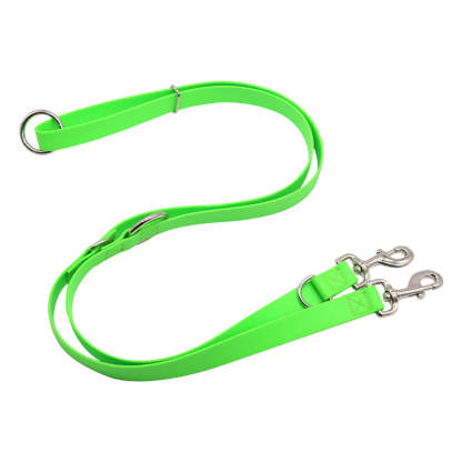 Neon green dog leash with metal clips on a white background
