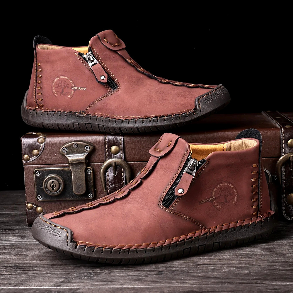 Men Hand Stitching Leather Side Zippers British Shoes