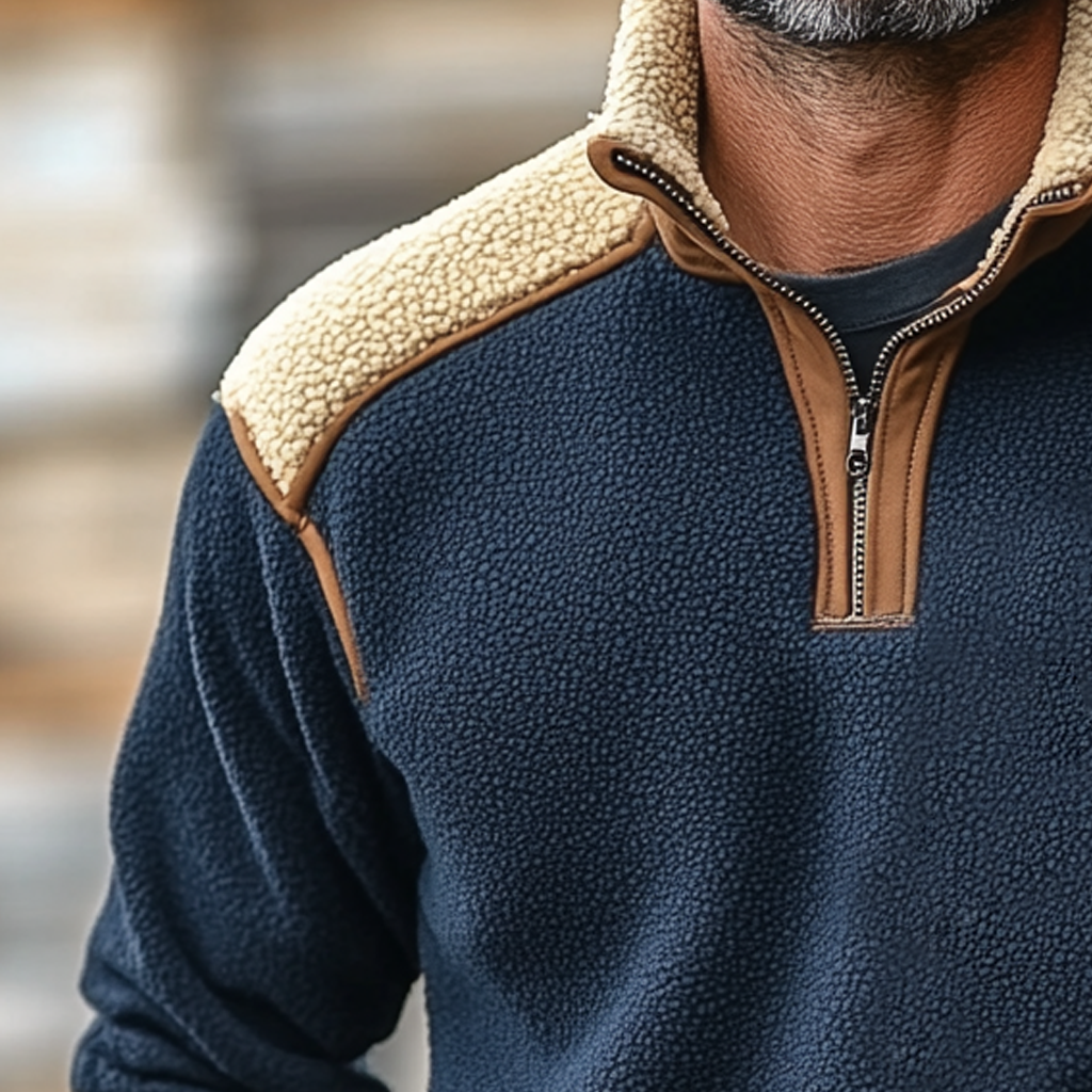 Men's Vintage Fleece Color Block Stand Collar Quarter Zip Sweatshirt