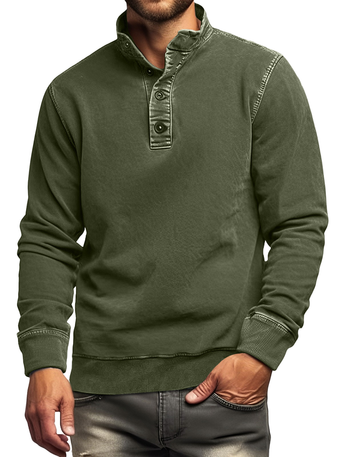 Men's Retro Casual Stand Collar Button Solid Color Sweatshirt