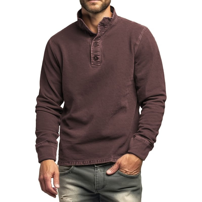 Men's Retro Casual Stand Collar Button Solid Color Sweatshirt
