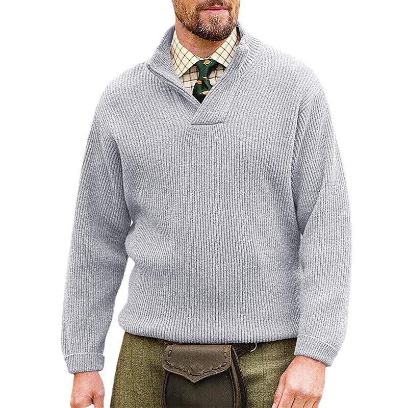 Men's solid color casual pullover long-sleeved V-neck loose sweater