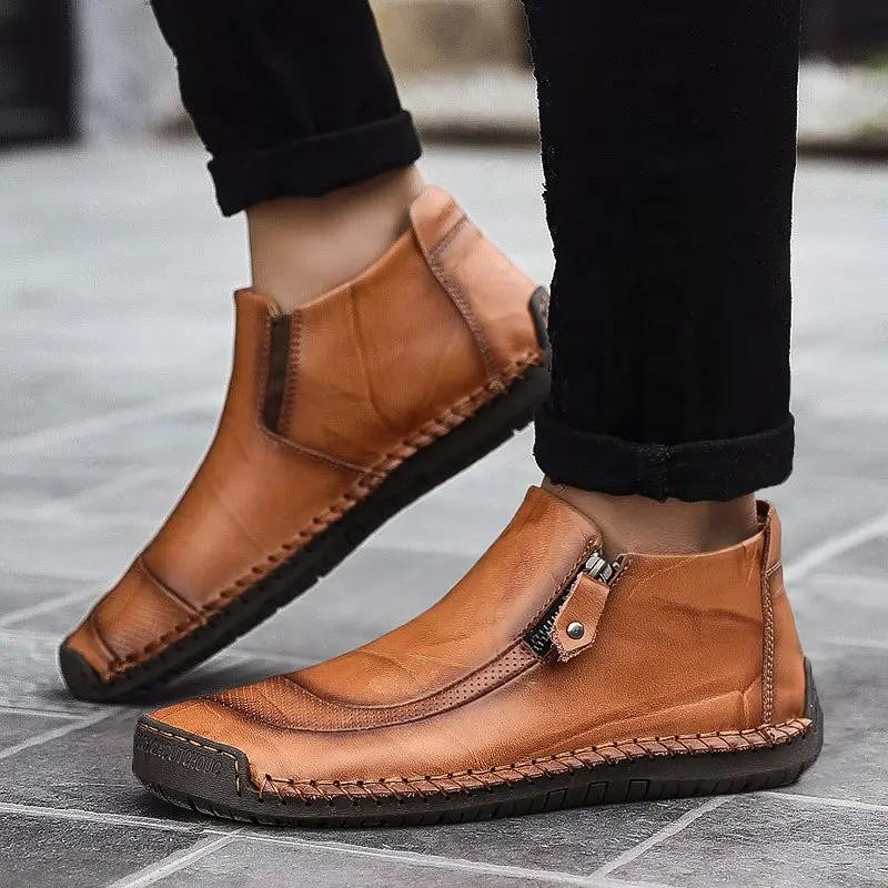 Men Leather Hand Stitching Side Zipper Comfy Soft Ankle Boots-burnzay