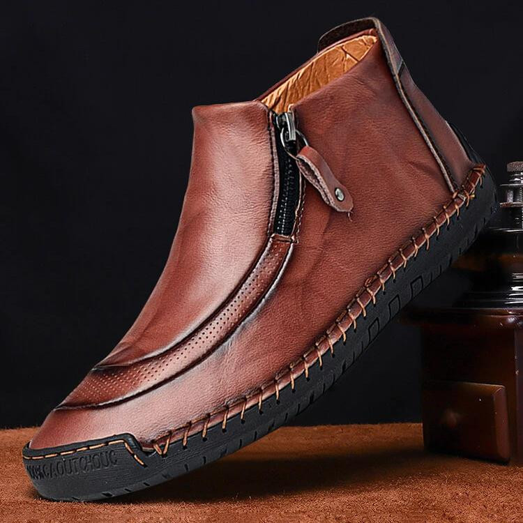 Men Leather Hand Stitching Side Zipper Comfy Soft Ankle Boots-burnzay