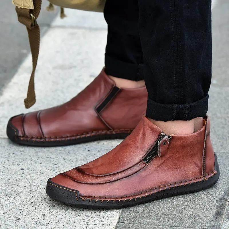 Men Leather Hand Stitching Side Zipper Comfy Soft Ankle Boots-burnzay