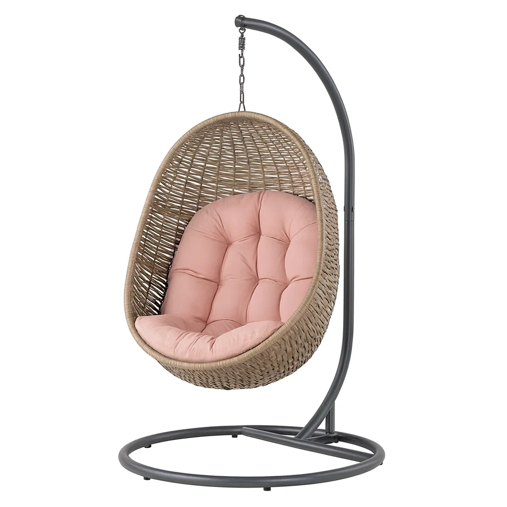 Fauteuil suspendu en forme d'œuf en acier et résine tressée avec coussin rose-Pure Furni Shco