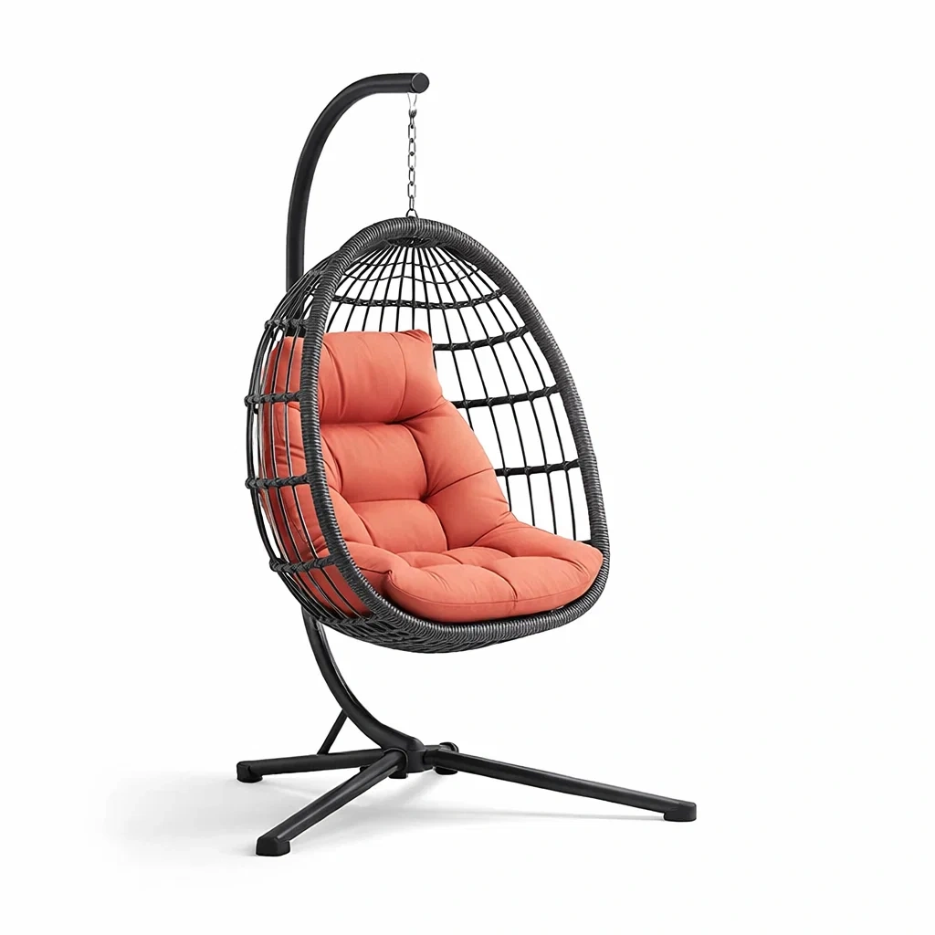 Poltrona sospesa a uovo in metallo e rattan con cuscini arancioni-TRENDYSOFASTYLE