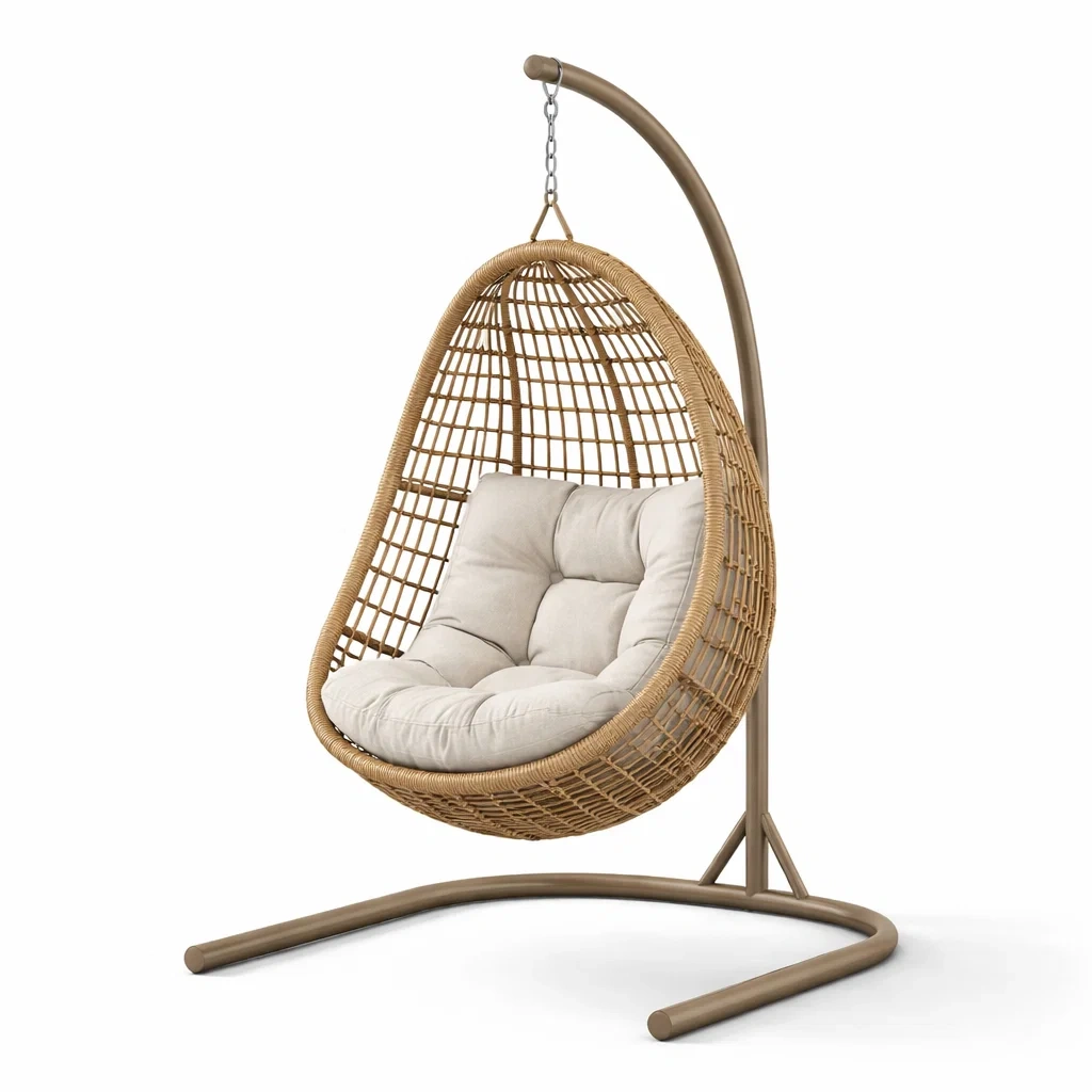 Poltrona sospesa a uovo in rattan sintetico con cuscini-TRENDYSOFASTYLE