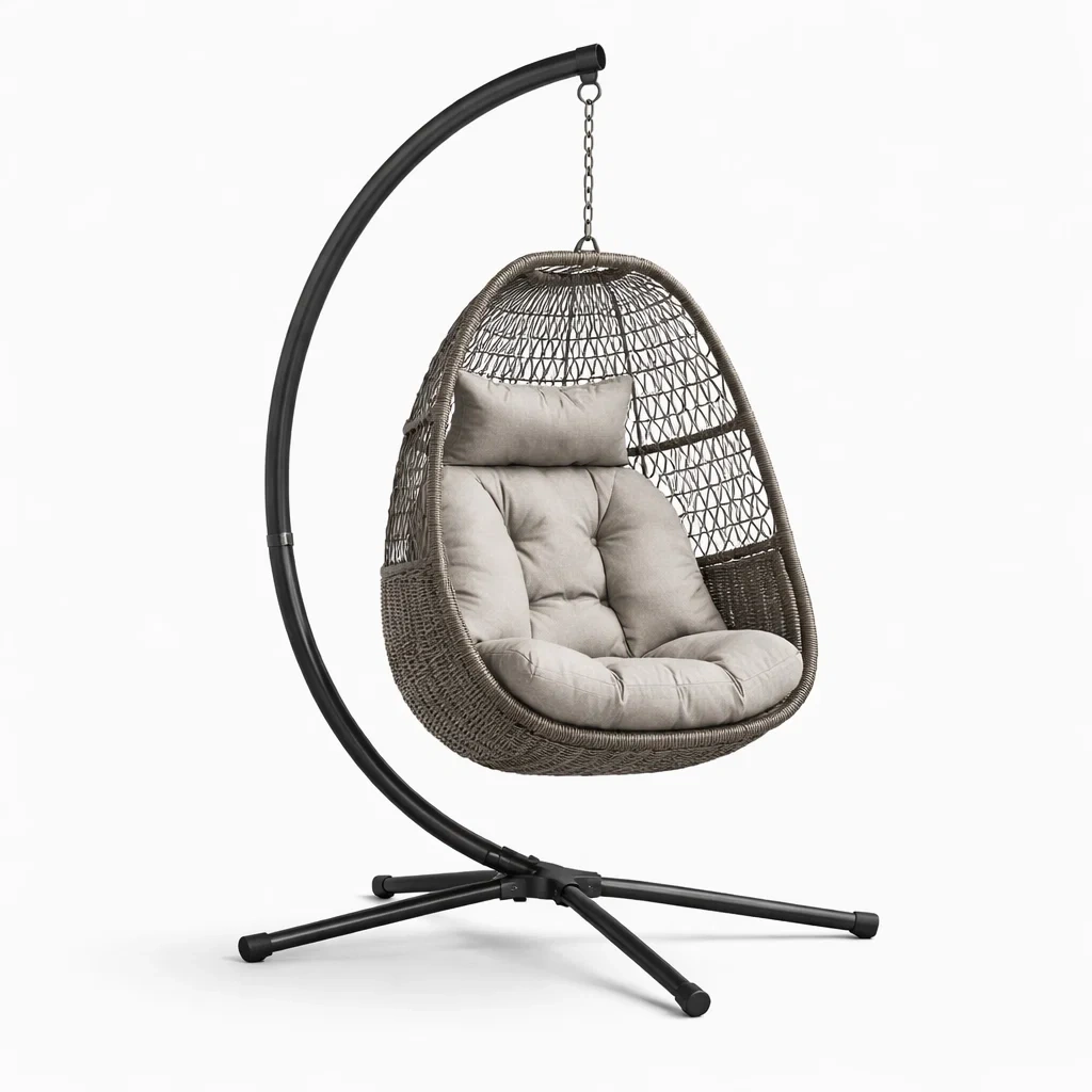 Poltrona sospesa a uovo con struttura in acciaio e rattan sintetico-TRENDYSOFASTYLE