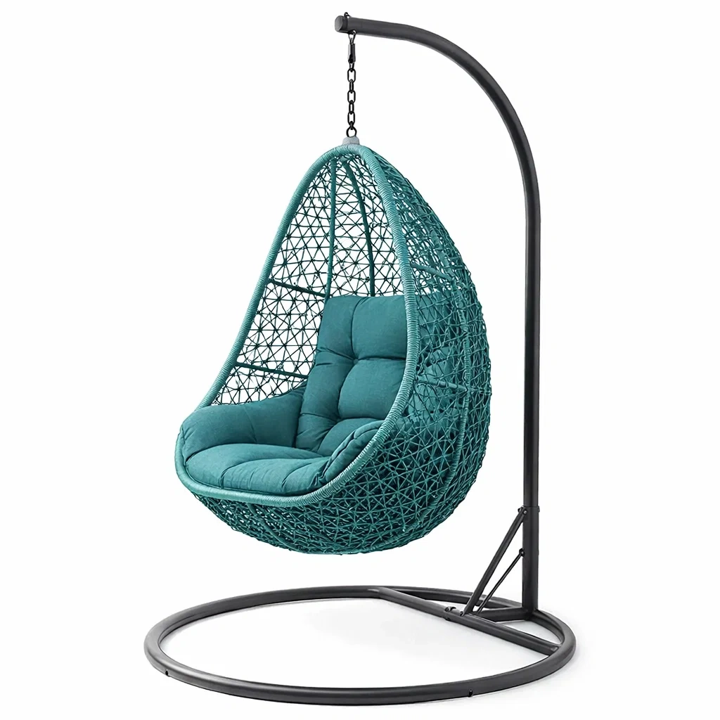 Poltrona sospesa a uovo in rattan con struttura in acciaio e cuscino turchese-TRENDYSOFASTYLE