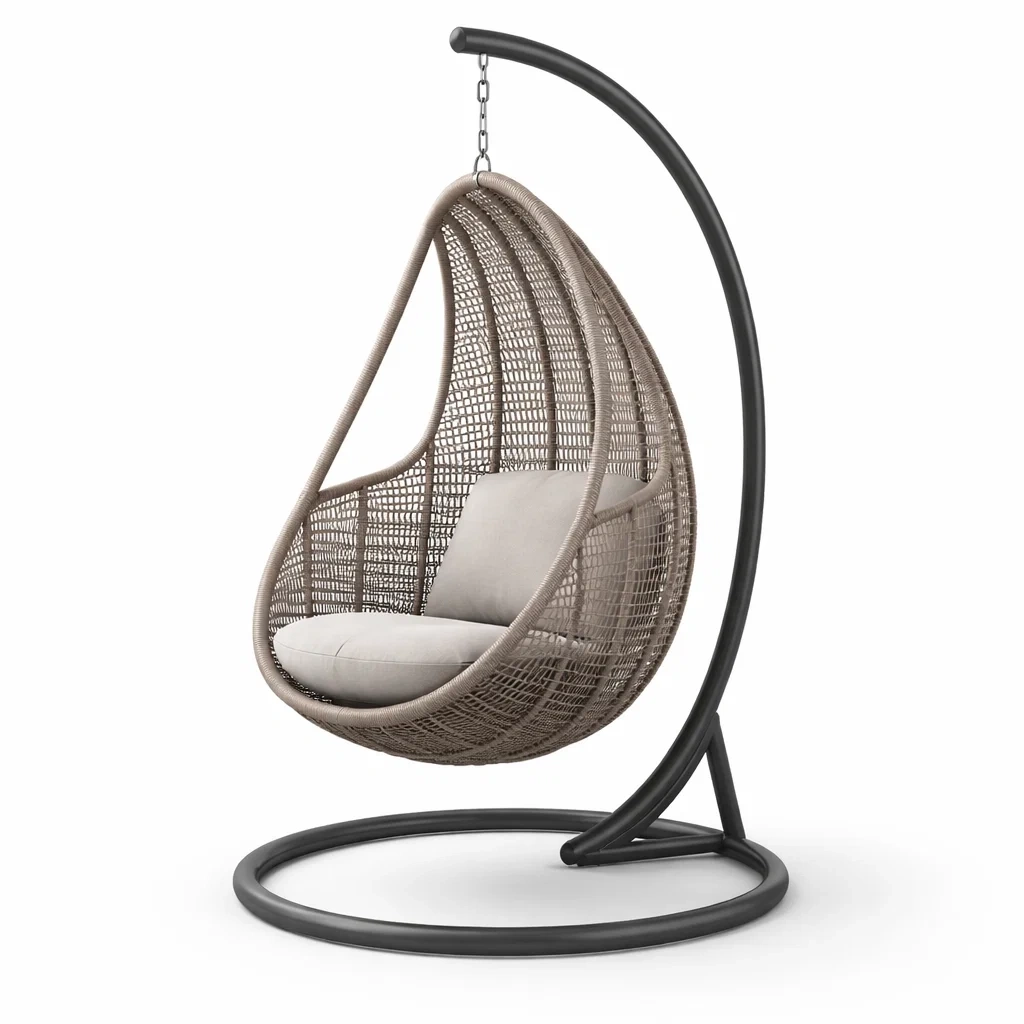 Poltrona sospesa a uovo in rattan con cuscino e struttura in metallo-TRENDYSOFASTYLE