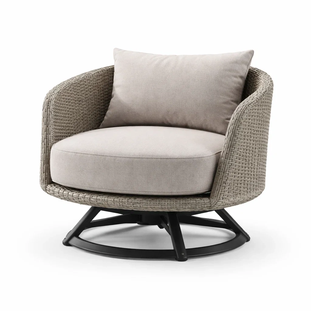 Sedia girevole in rattan con tessuto grigio chiaro-TRENDYSOFASTYLE