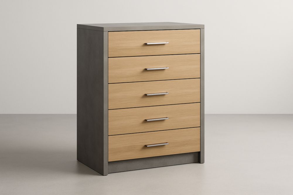 Commode en Bois et Acier 5 Tiroirs Chêne/Gris