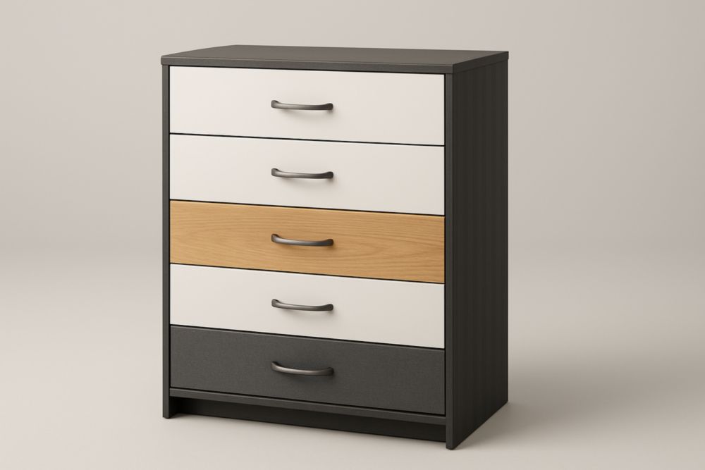 Commode à tiroirs en bois MDF noir, blanc et chêne