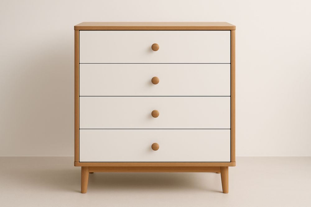 Commode en bois et MDF blanc chêne clair quatre tiroirs
