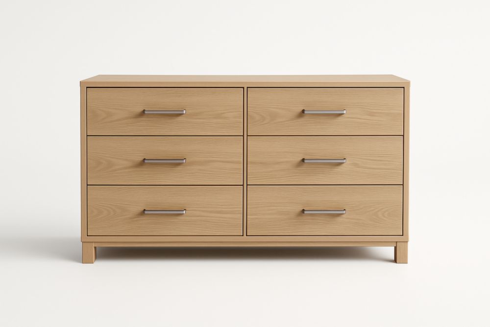 Commode en bois clair à 6 tiroirs avec poignées en métal