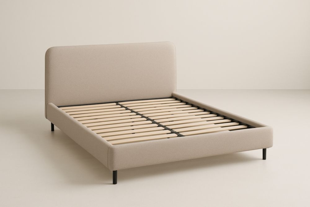 Cadre de lit double en bois et tissu Beige