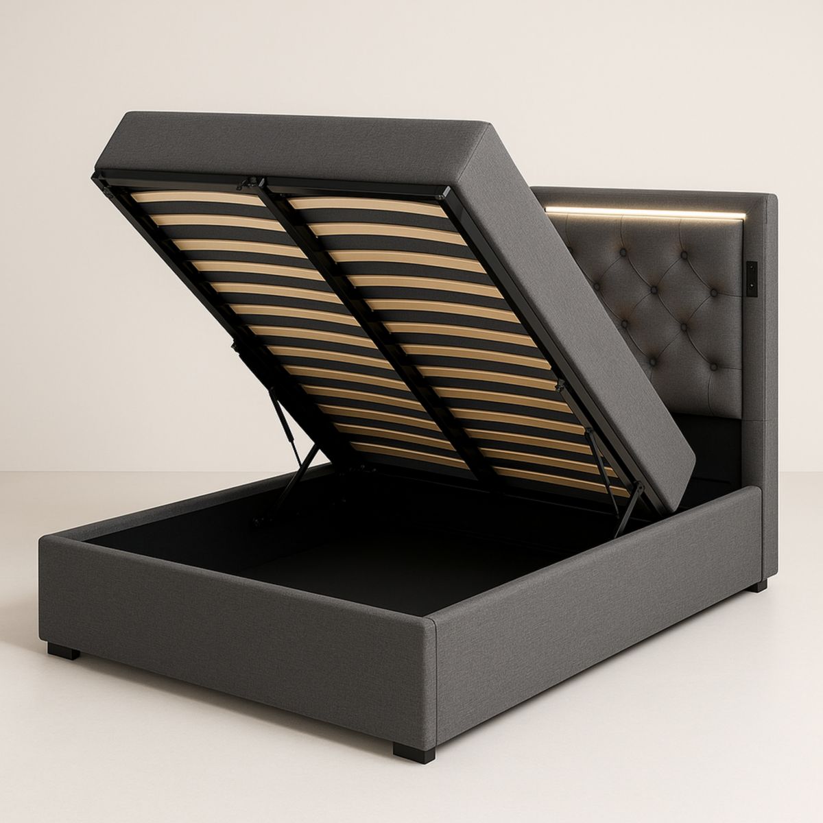 Lit double en tissu avec rangement 160x200 cm