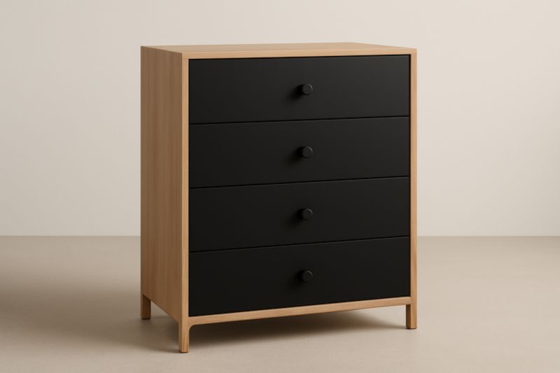 Commode 80x40x90 cm noire panneaux chêne clair 4 tiroirs panneaux particules stratifiés