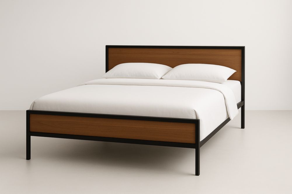 Lit double en métal et bois Noir/Noisette