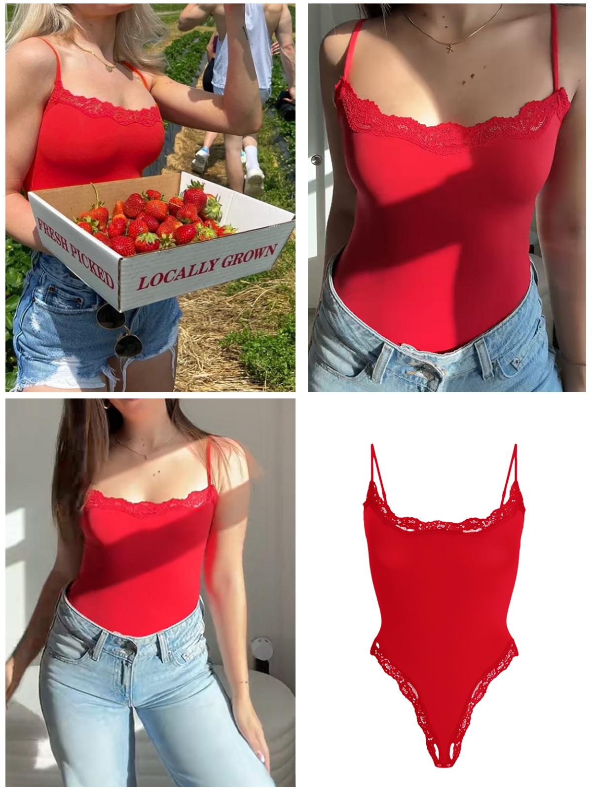 Starrylion Lace Body Suit Square Neck Tops for Women Sleeveless Spaghetti Strap Tank Top Bodysuits for Women Sexy Jumpsuit