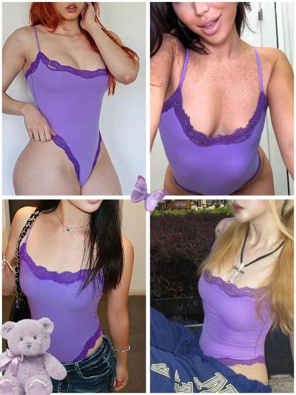 Starrylion Lace Body Suit Square Neck Tops for Women Sleeveless Spaghetti Strap Tank Top Bodysuits for Women Sexy Jumpsuit