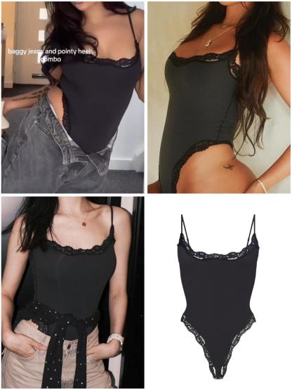 Starrylion Lace Body Suit Square Neck Tops for Women Sleeveless Spaghetti Strap Tank Top Bodysuits for Women Sexy Jumpsuit