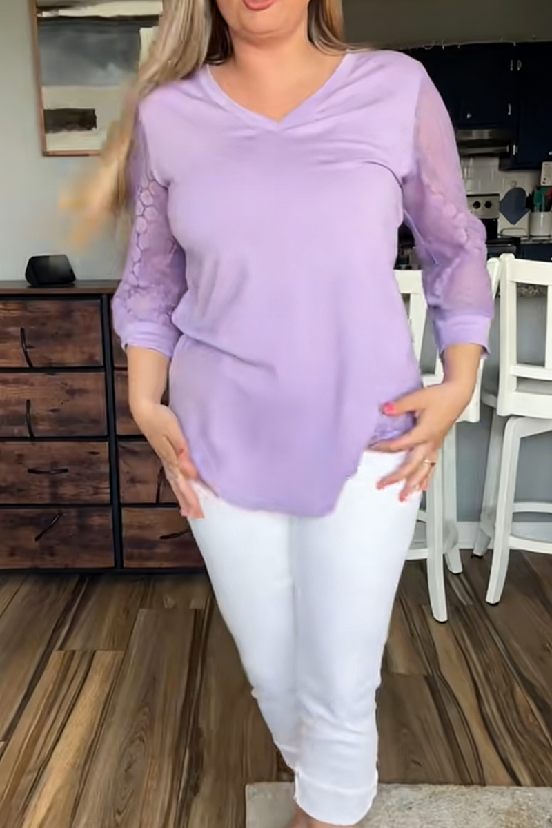 Women's Loose-fitting Hollow-out Lace Three-Quarter Sleeve Casual Solid Color V-neck T-shirt