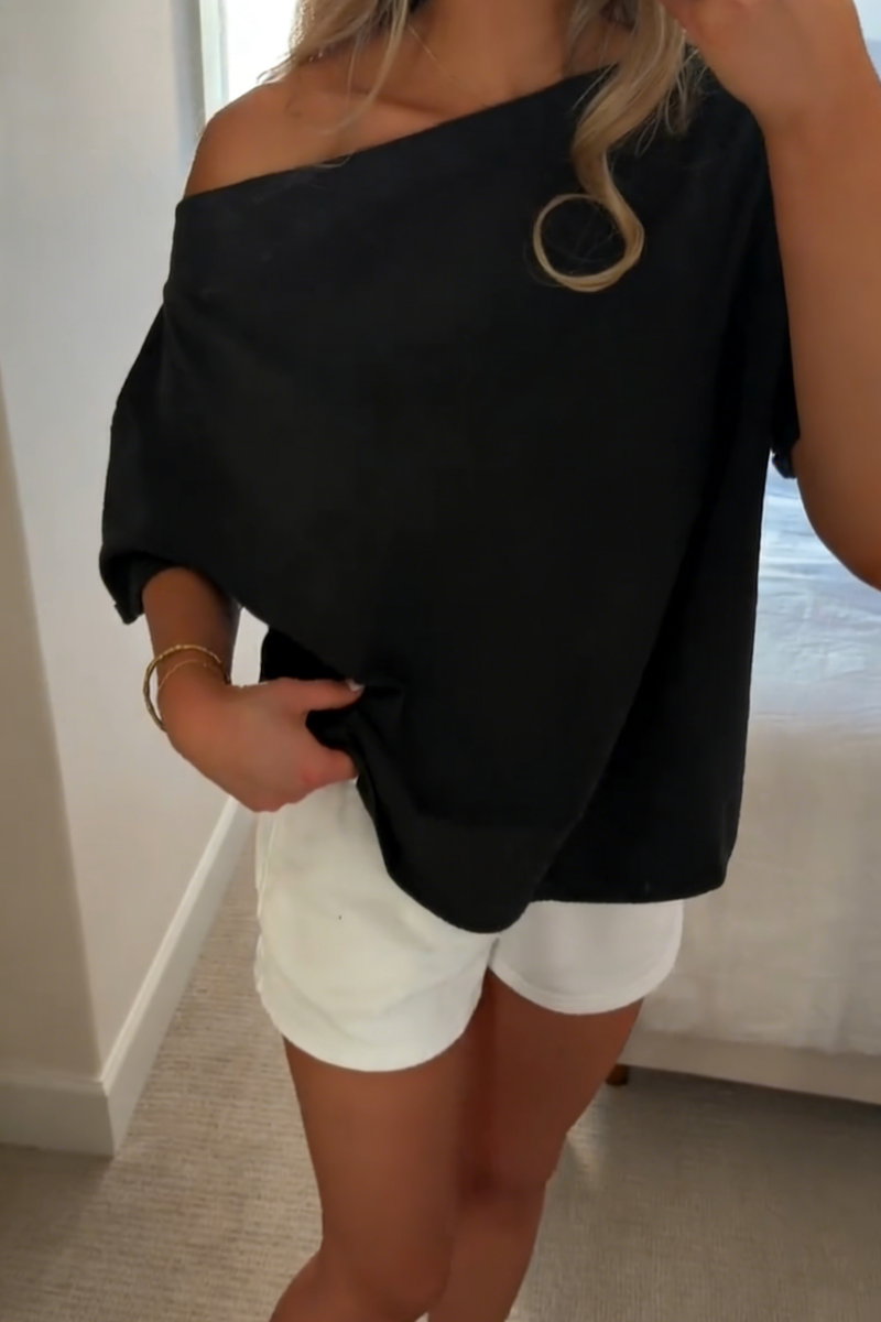 Women's Loose Casual Off-Shoulder Short-Sleeve Batwing Sleeve Solid Color