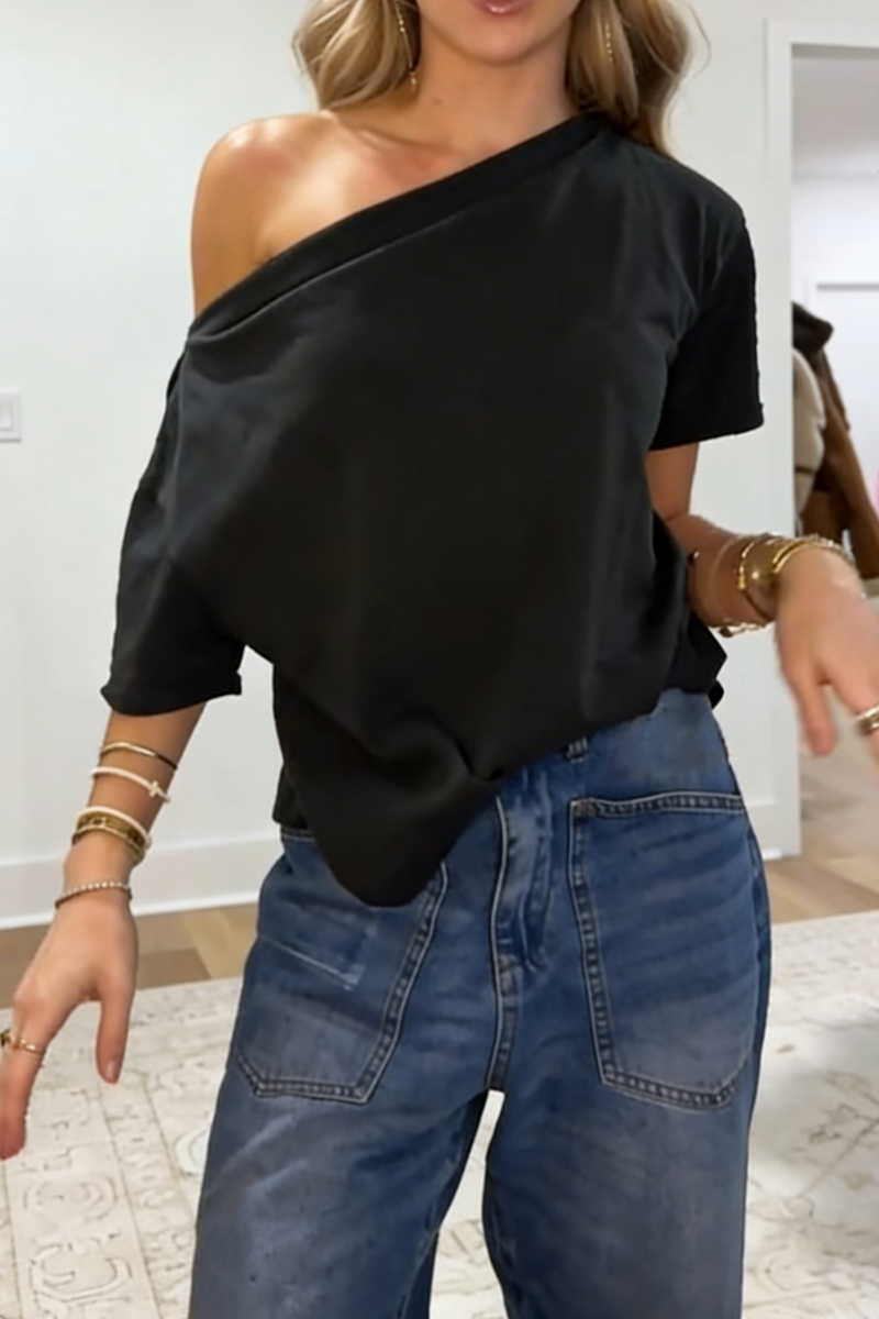 Women's Loose Casual Off-Shoulder Short-Sleeve Batwing Sleeve Solid Color