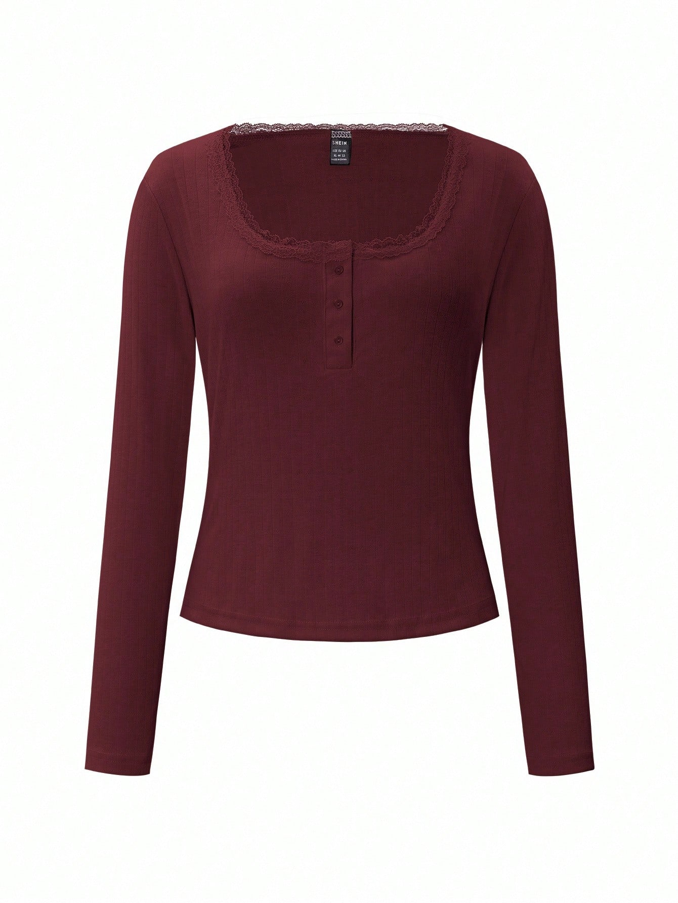 Women's Lace Button V-Neck Fashion Short-Sleeve Slim-Fit Long-Sleeve Top